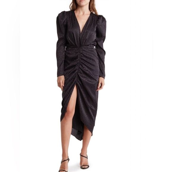 Ronny Kobo Collection Dresses & Skirts - Ronny Kobo Midi Dress Black Leopard Jacquard Puff Sleeve Ruched V Neck Womens XS